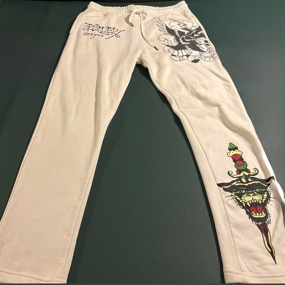 Ed Hardy Cream Sweatpants with Black & Multicolor Tattoo Graphics